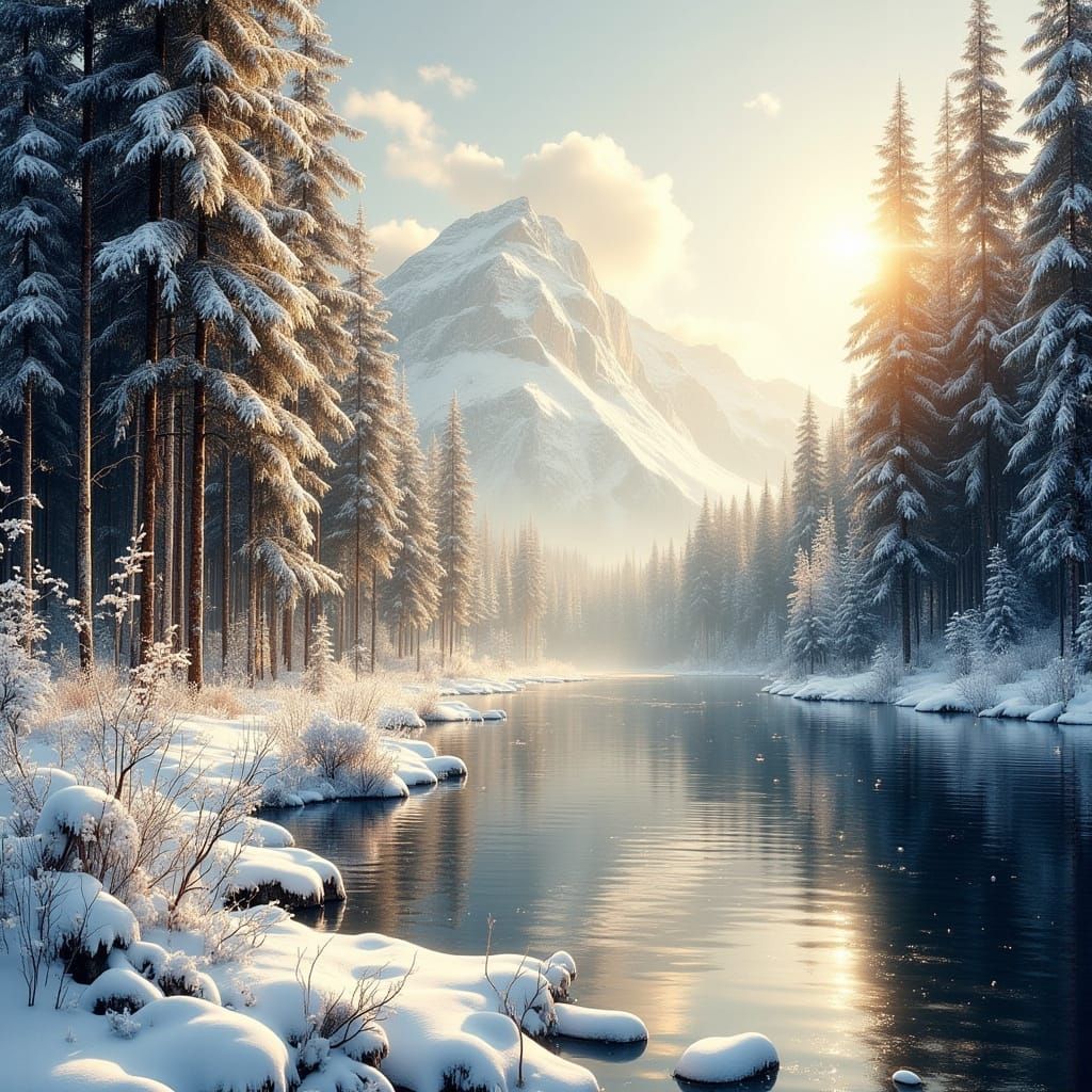 Serene Winter Landscape with Snow-Covered Pines and Mountain...
