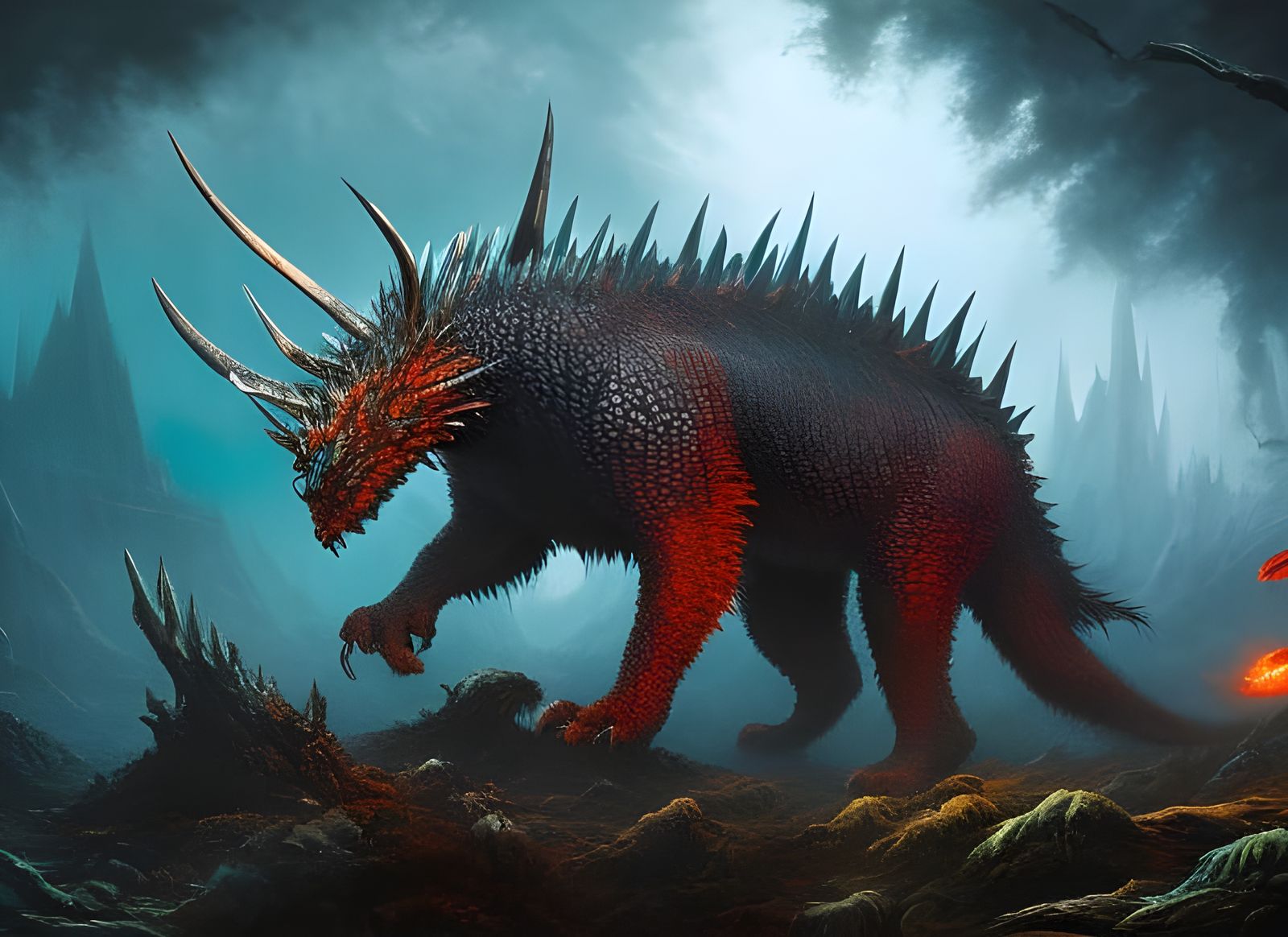 Dark Amber Fantasy Creature in Salvagepunk Style