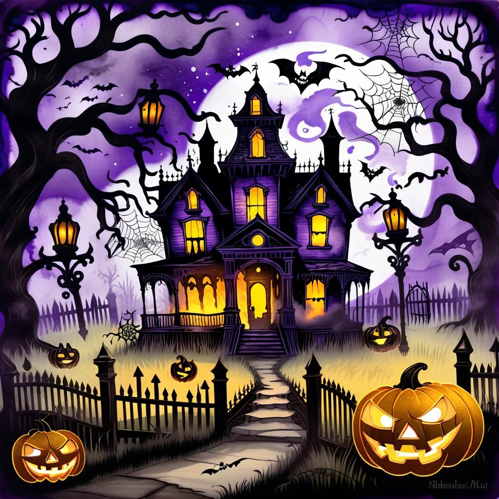 Haunted Victorian House in Watercolor Ink Art