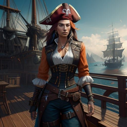 female pirate wearing a pirate hat standing on the deck of a pirate ship