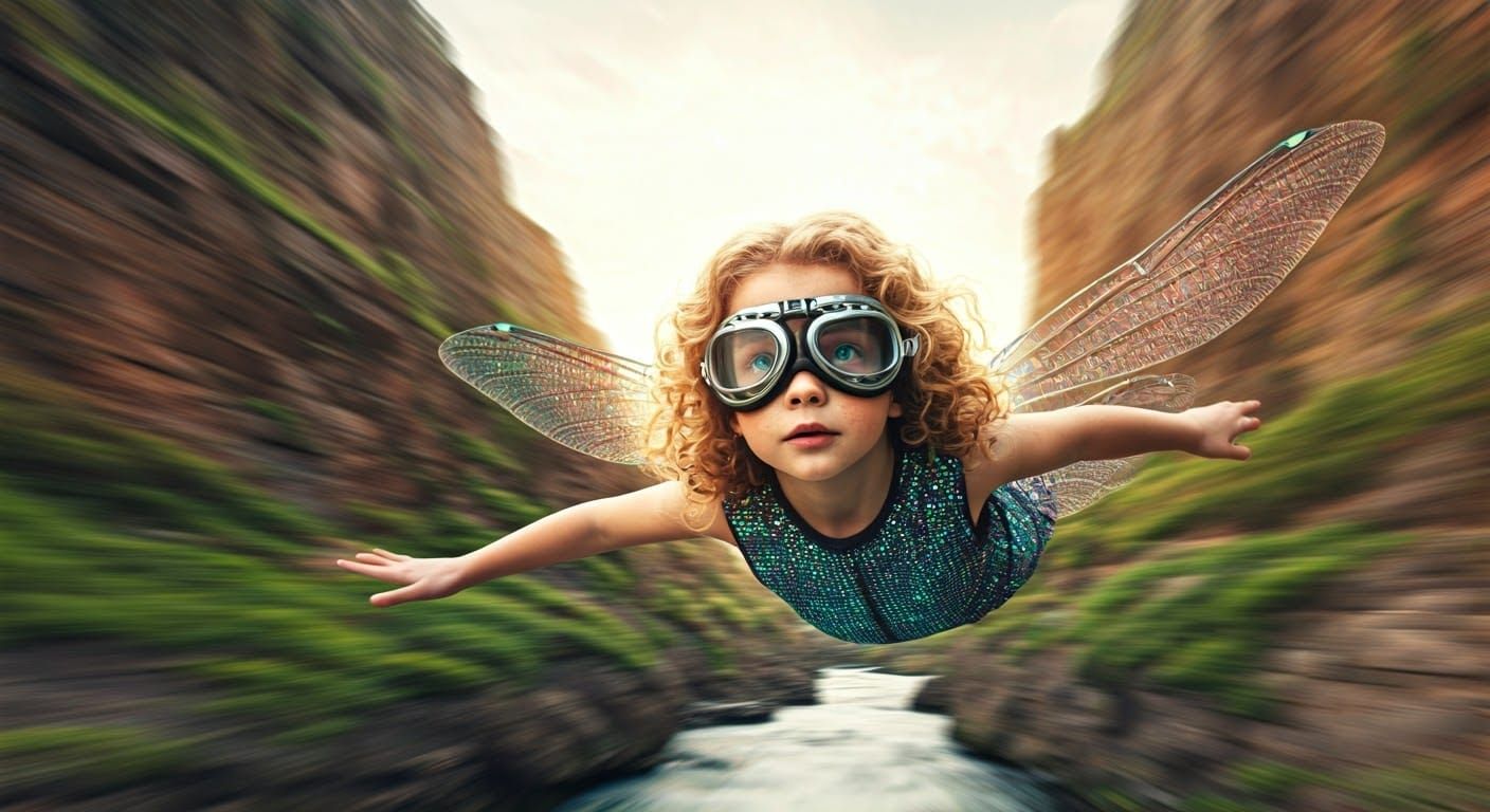 Astonished Fairy Girl Flies Through Canyon