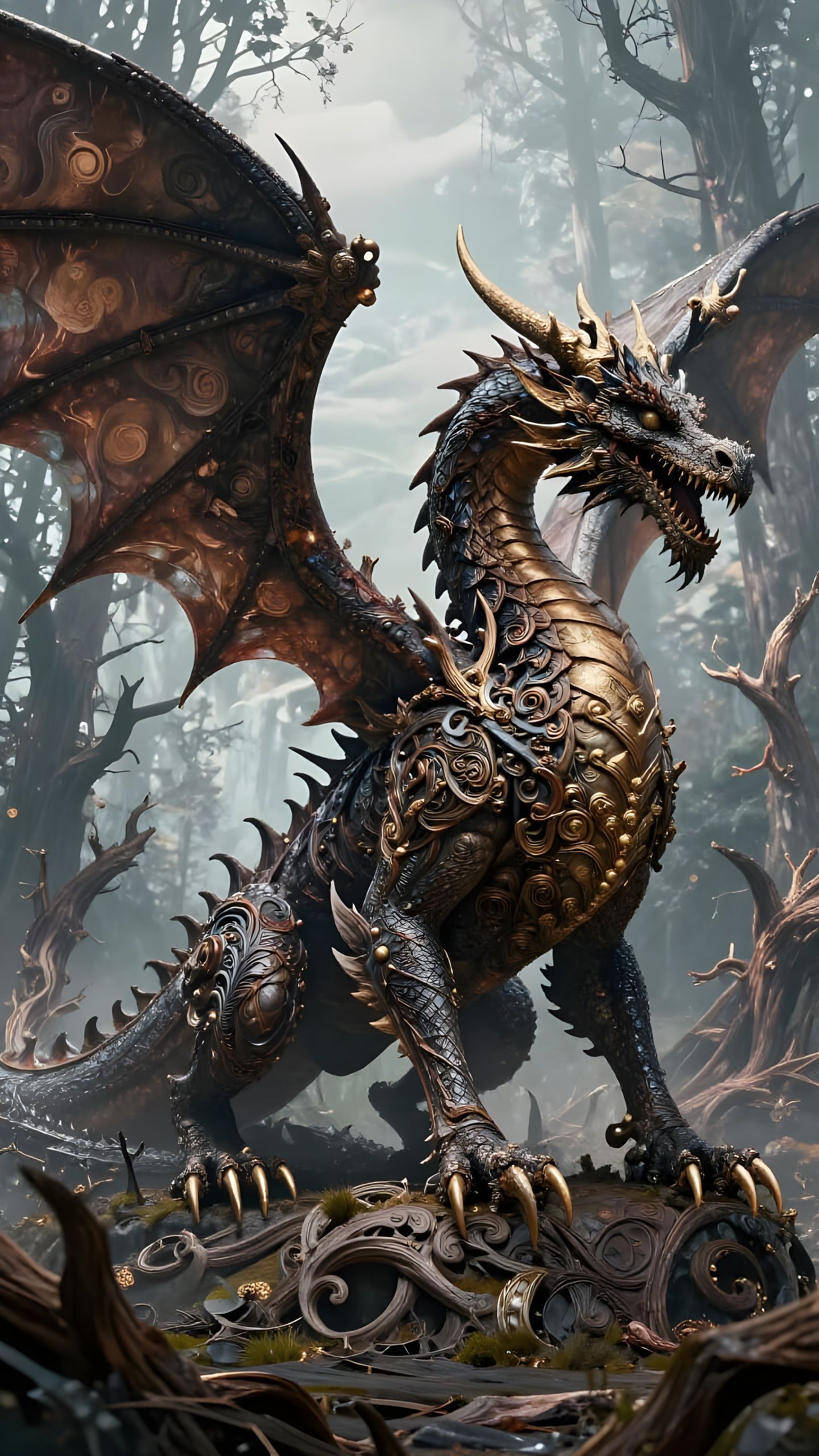 Ornate Rotting Dragon in Fantasy Forest: Hyperrealistic Conc...