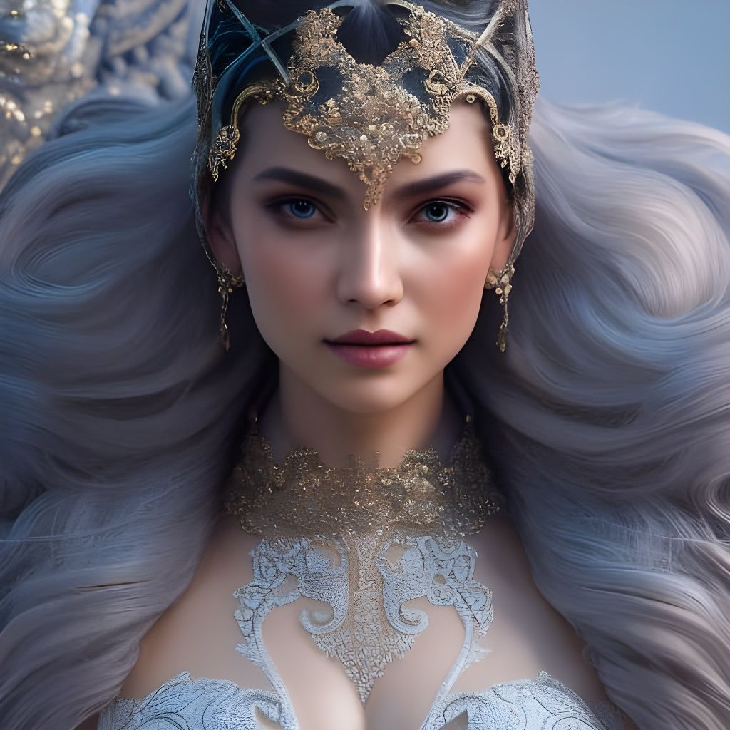 Fantasy Lady in Filigree Lace Dress: Hyperrealistic Portrait