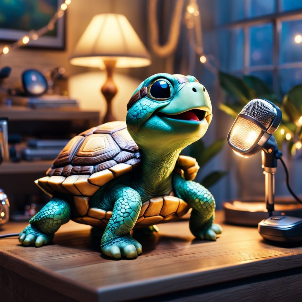 small land turtle singing into a toy microphone