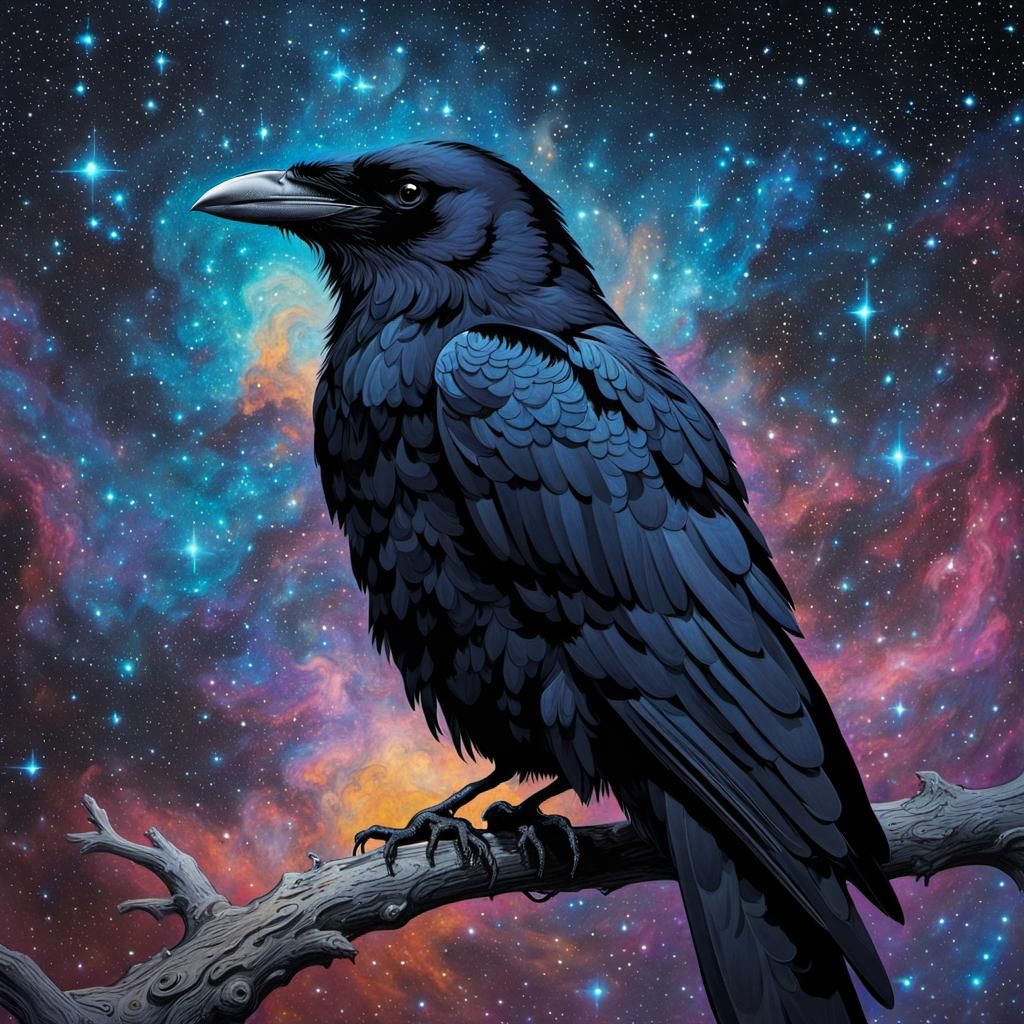 Raven in Nebula: Klimt-Inspired Sci-Fi Art