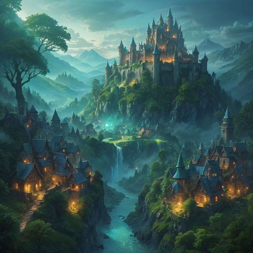 Mystical Village with Castle in a Lush Valley
