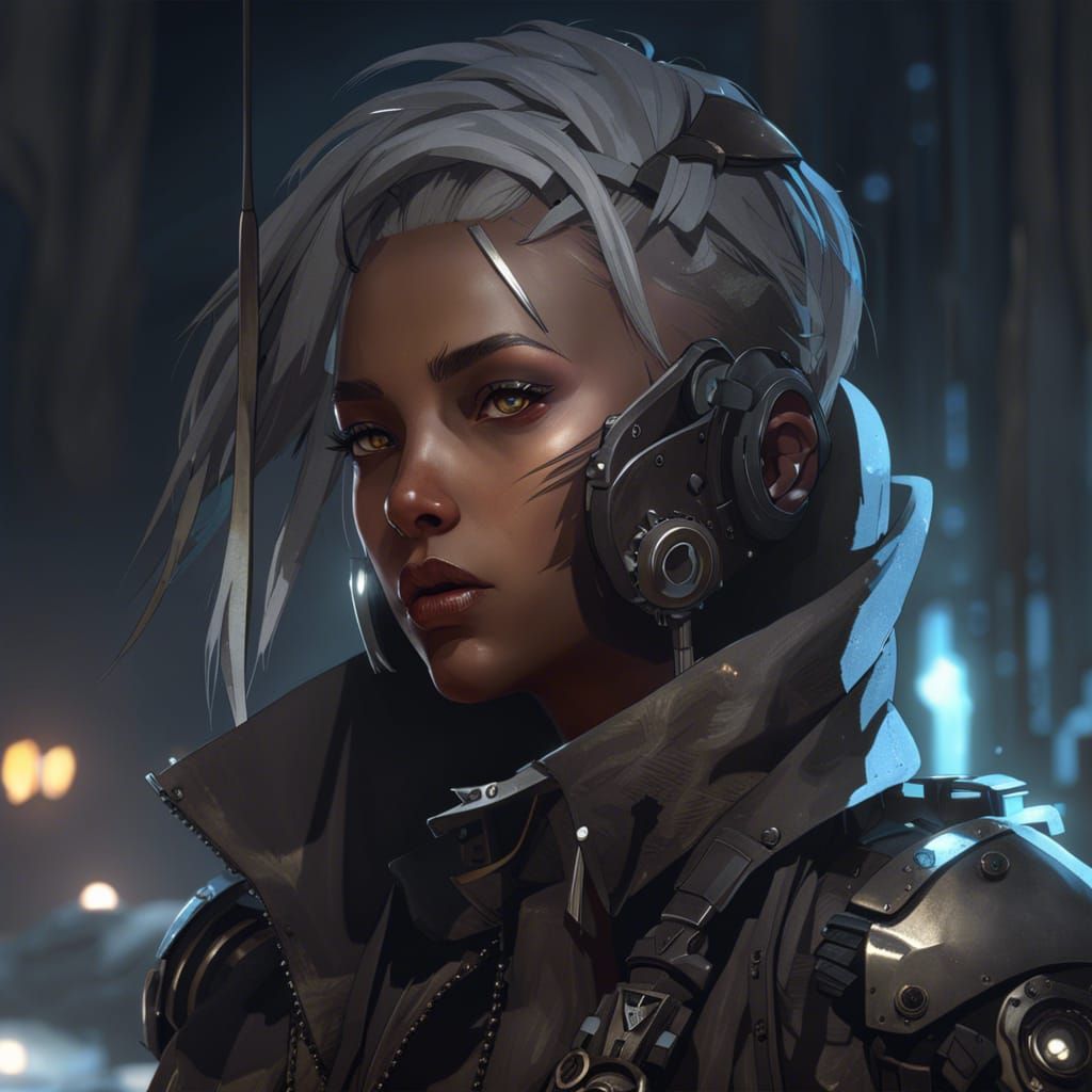 Weathered Female Cyborg Portrait in Sharp Focus