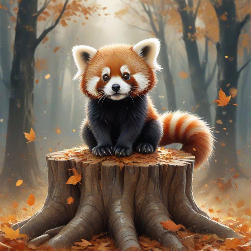 Chibi Red Panda Amidst Glowing Autumn Leaves