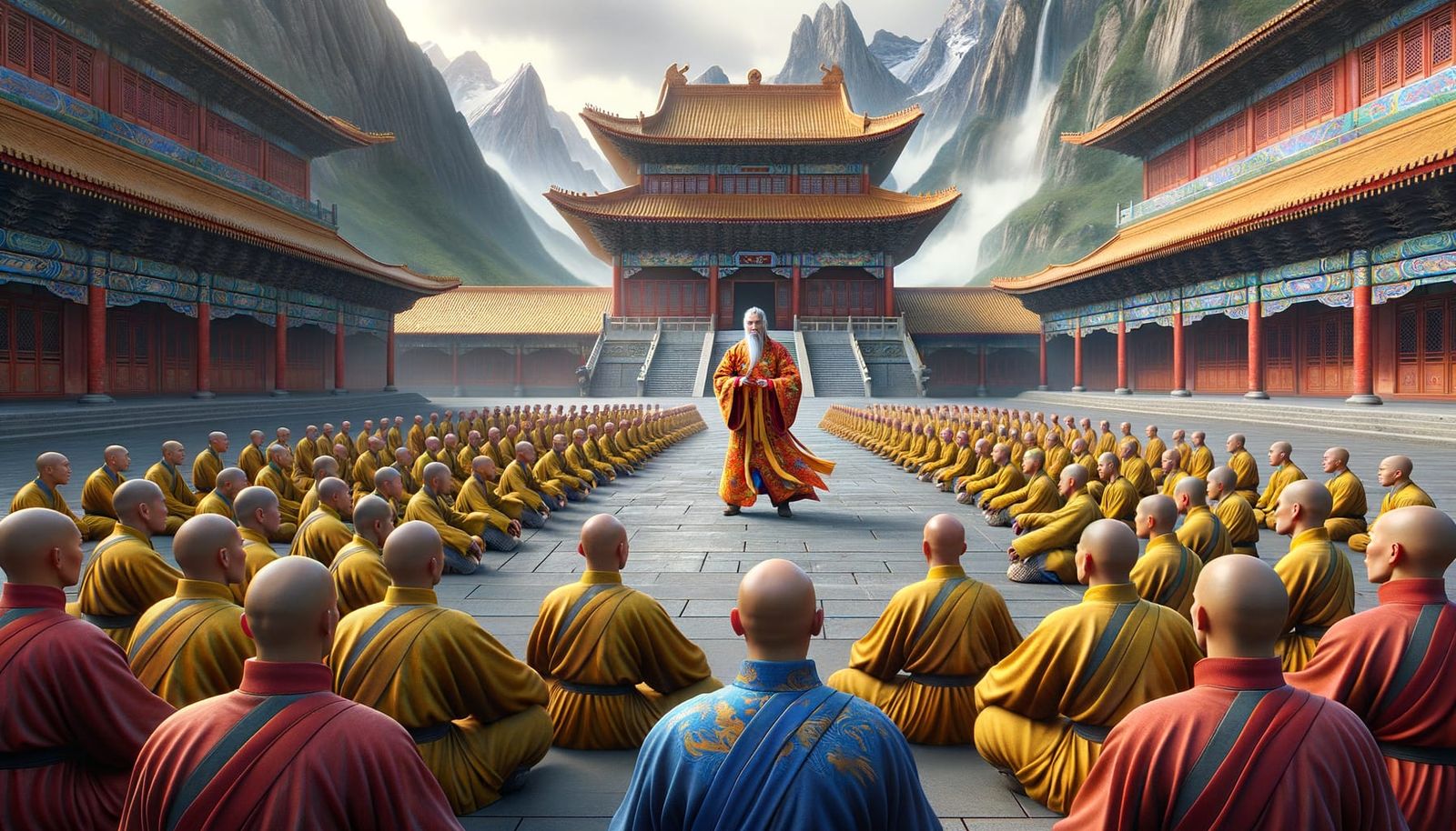 Shaolin Monks Learn Quarterstaff Combat in Temple