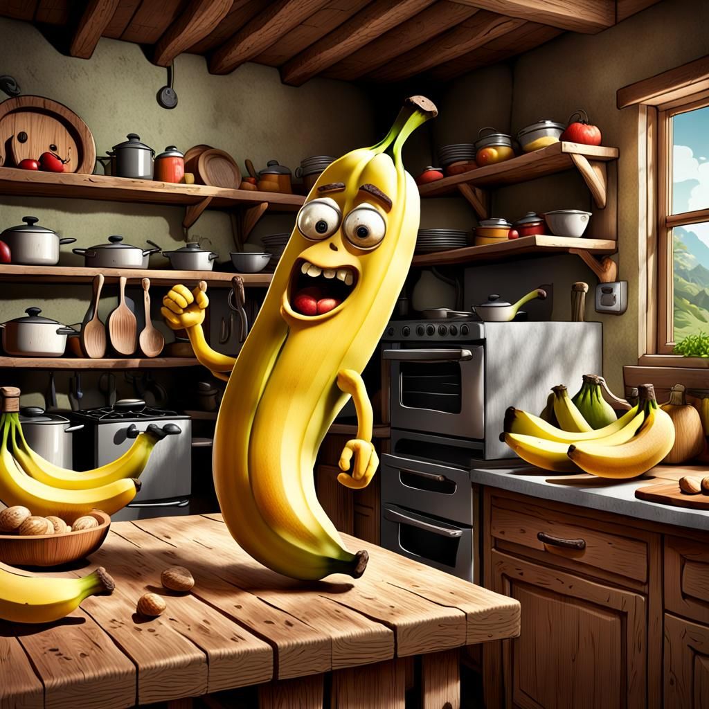 an image of a computer-generated anthropomorphic banana with a cartoonish facial expression of shock or horror.  The set...
