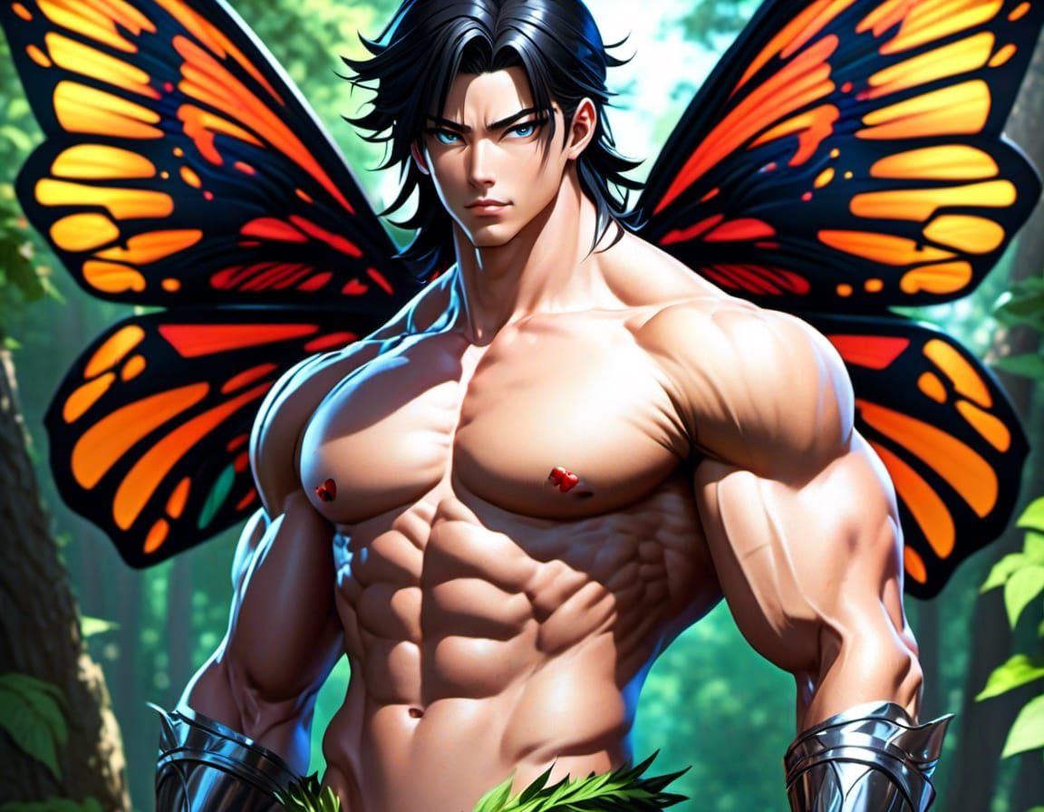Man with Butterfly Wings in Forest, Detailed Portrait