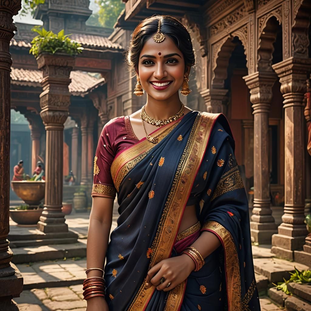 Serene Indian Woman in Saree: Hyperrealistic Portrait