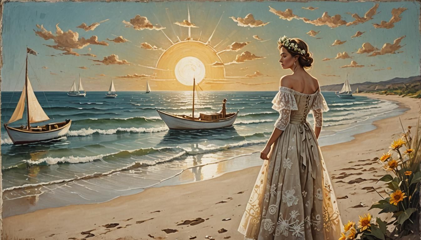 Woman on Beach with Sun, in Mixed Media Style