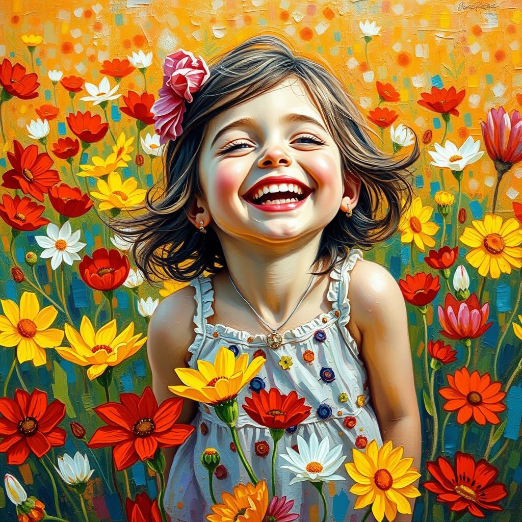 Joyful Girl Plays in Vibrant Floral Field