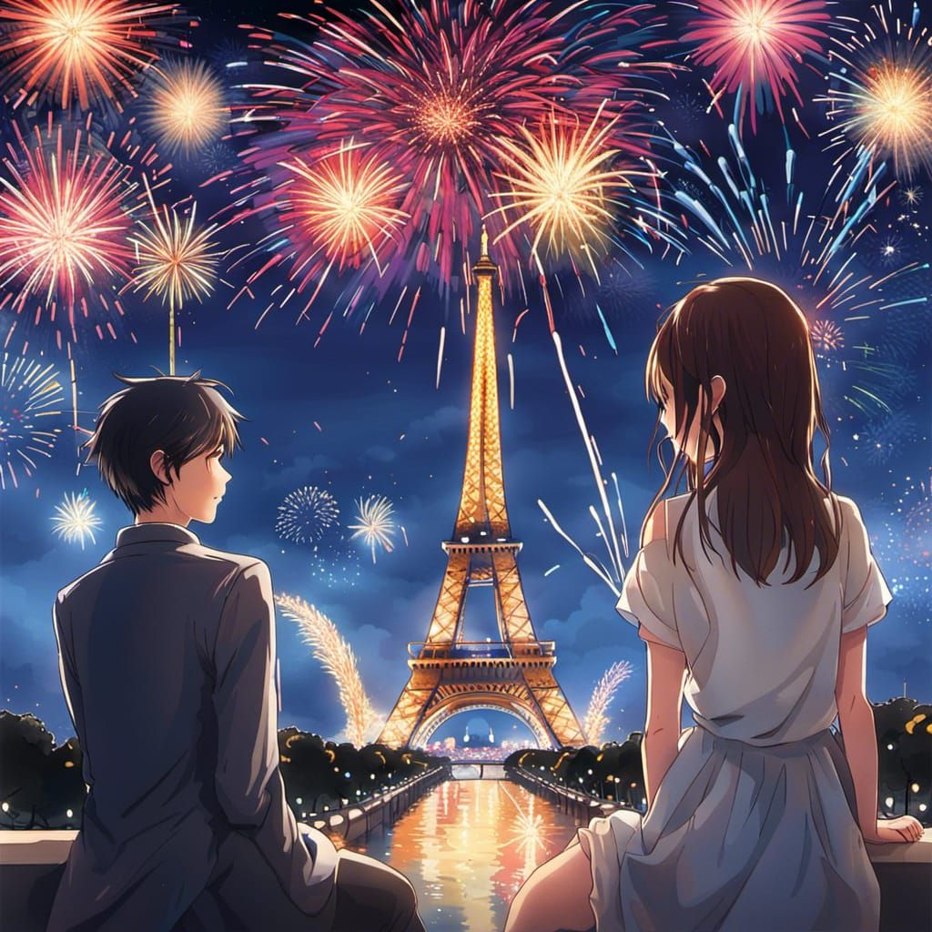 Anime Style: Couple Watching Fireworks in Paris