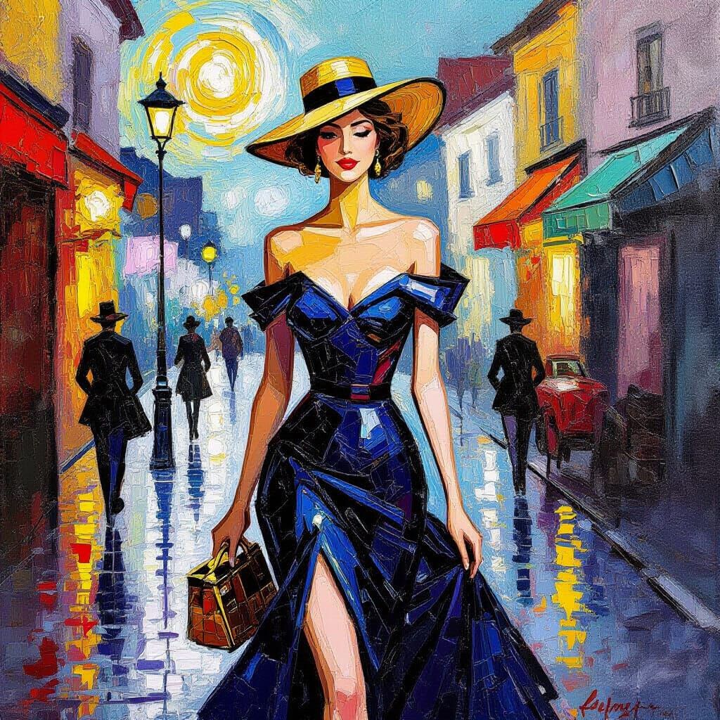 1925 Beauty Style Fashion in Neo-Impressionist Oil Painting