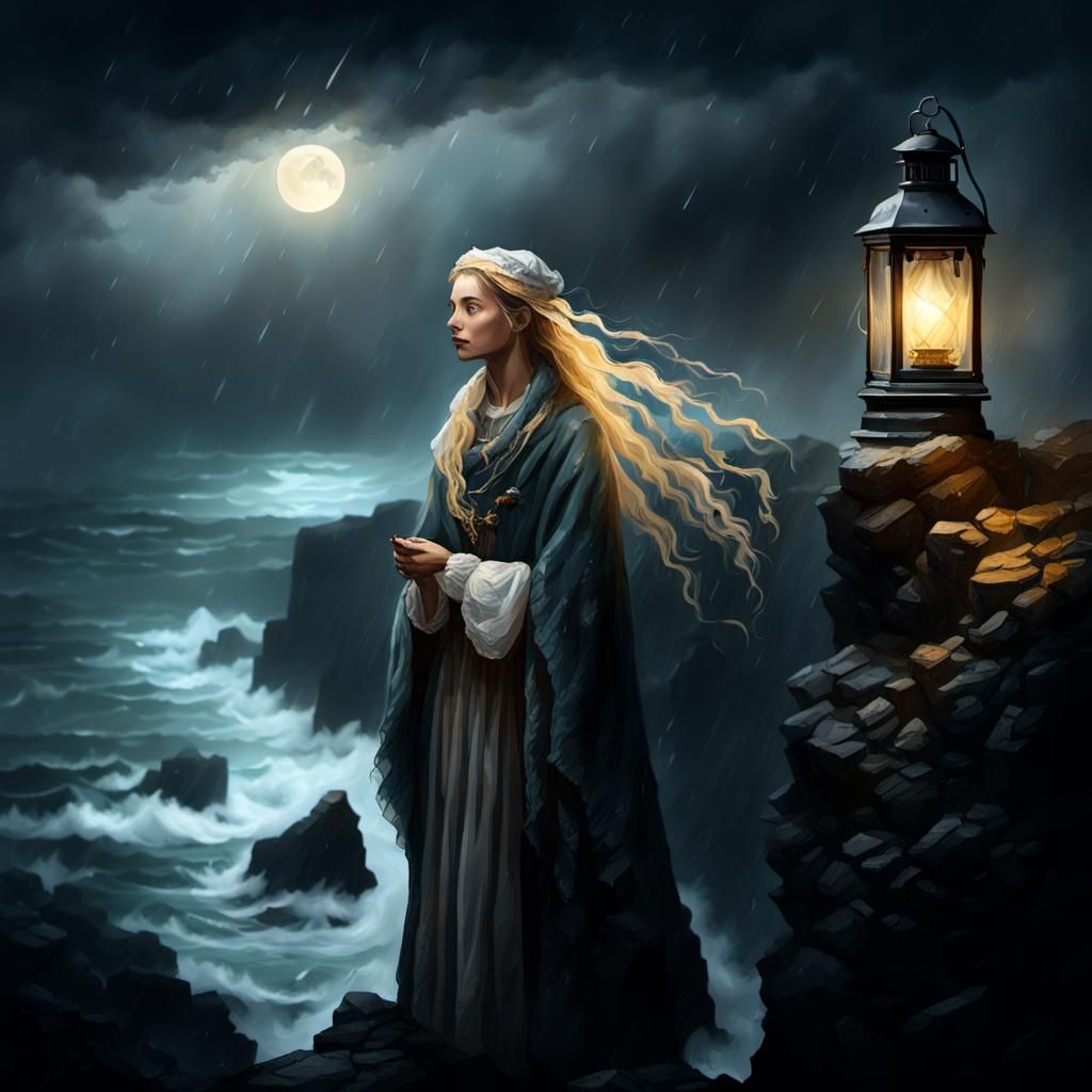 Girl with Lantern in Stormy Weather