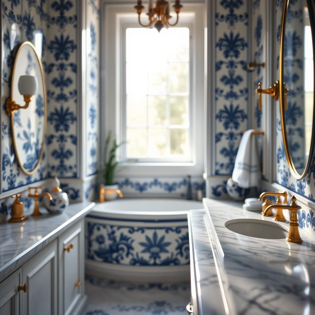Elegant Delftware Bathroom with Marble Accents