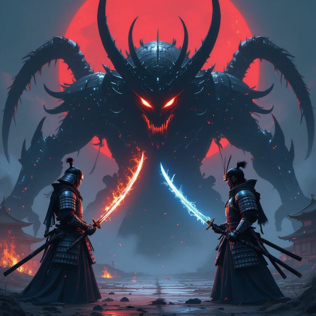 Samurai vs Jorōgumo in Dark Fantasy Futurism