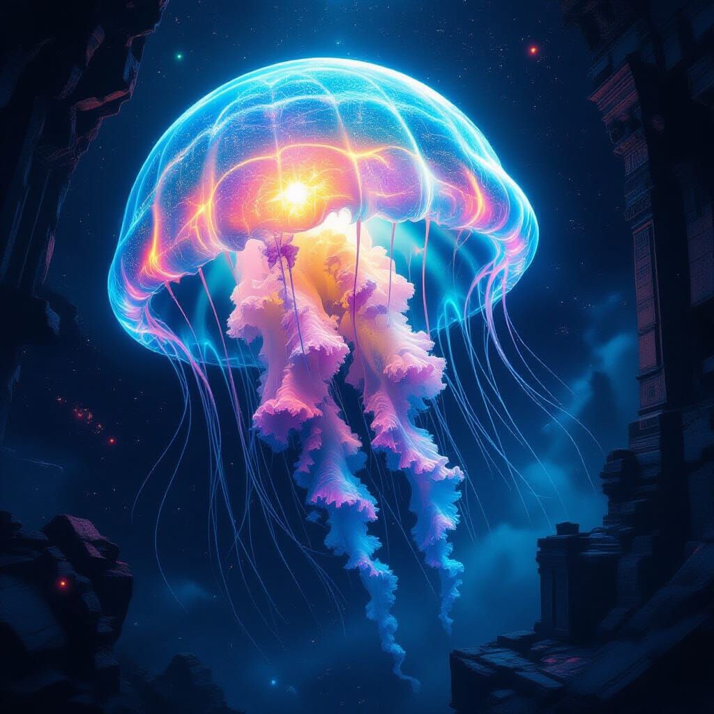 Bioluminescent Jellyfish in Cosmic Ruins