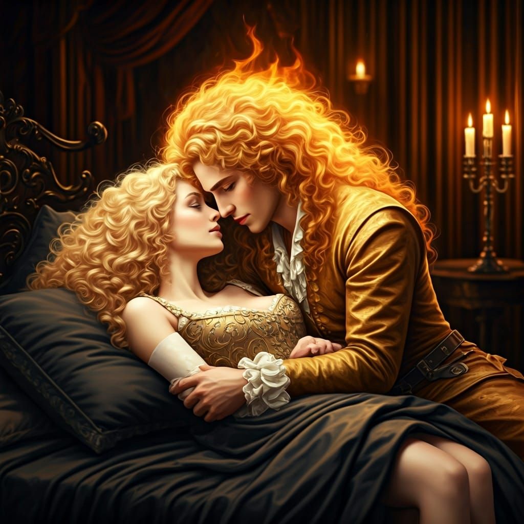 Romantic Medieval Scene: Woman Embraced by Fiery Man