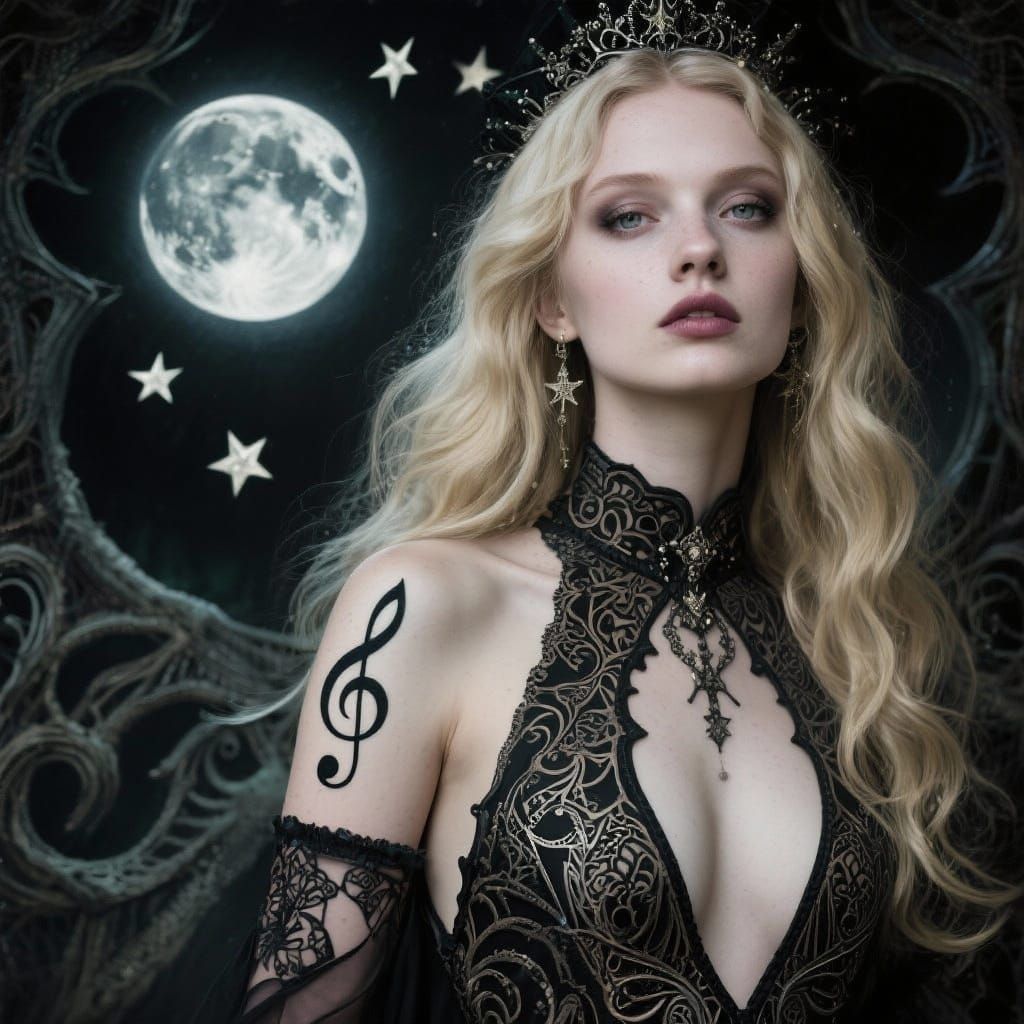 Gothic Eldritch Woman with Treble Clef Tattoo
