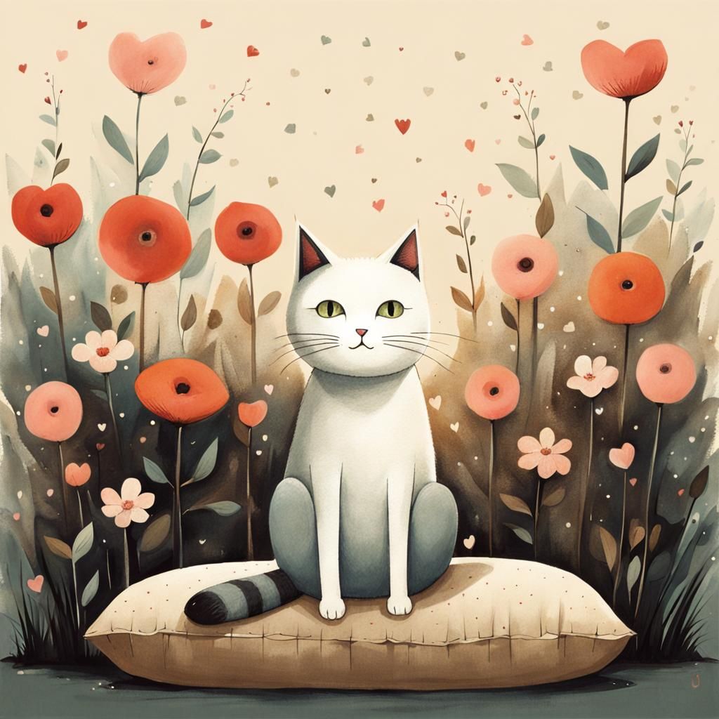 Cute Cat Surrounded by Flowers in Children's Illustration St...