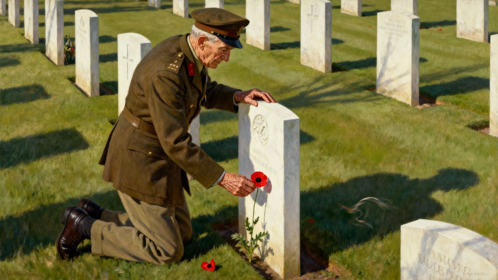 Veteran Honors Grandson at Military Cemetery in Oil Painting...