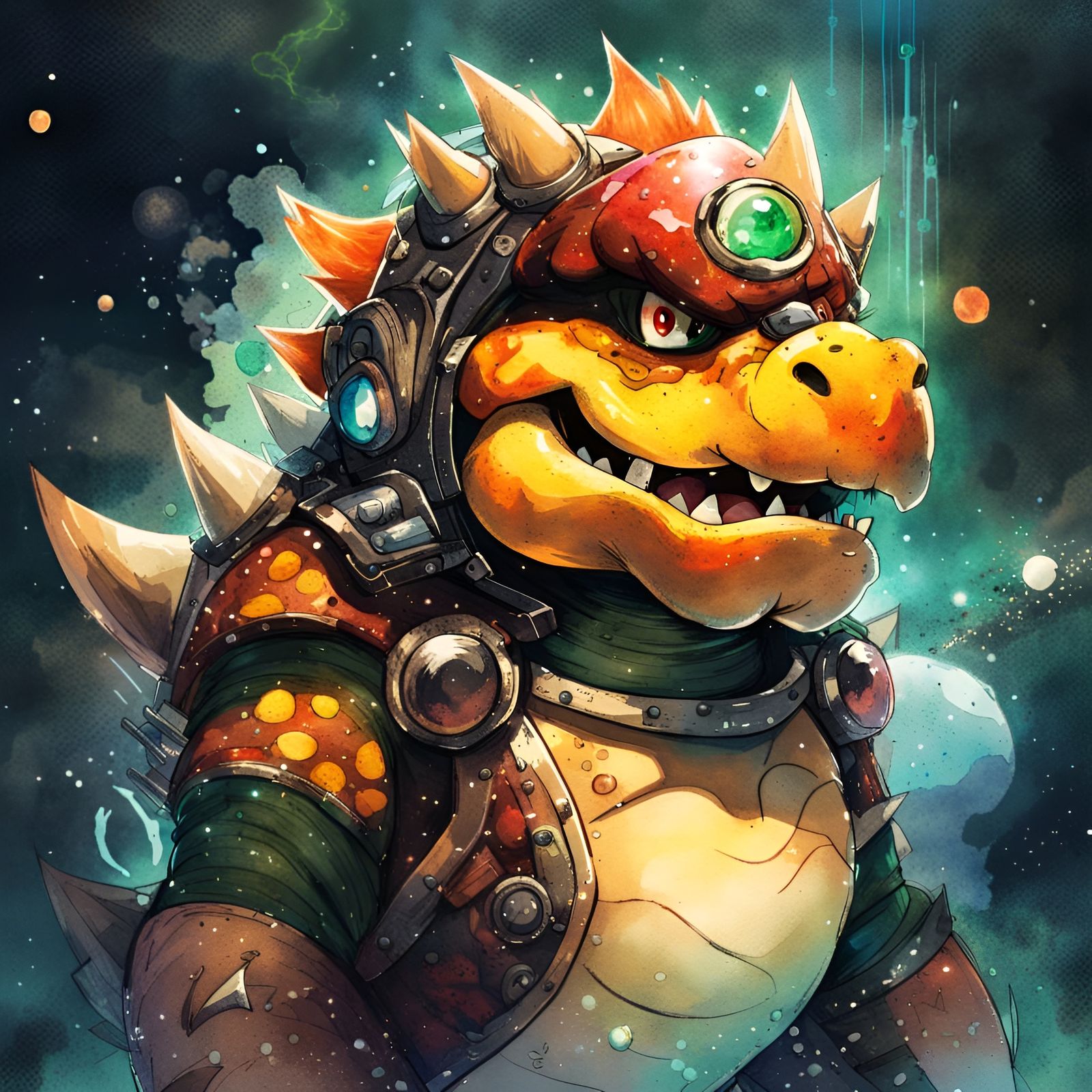 Adorable Anthropomorphic Bowser Portrait in Watercolor Style