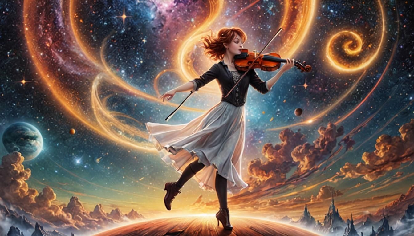 Lindsey Stirling Dances with Violin in Cosmic Art