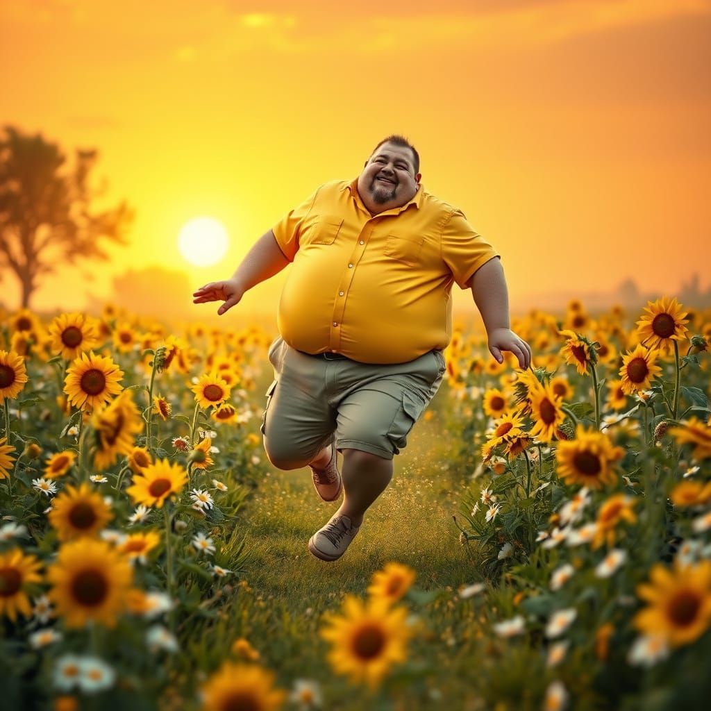 Joyful Obese Man Frolics in Vibrant Field of Sunflowers