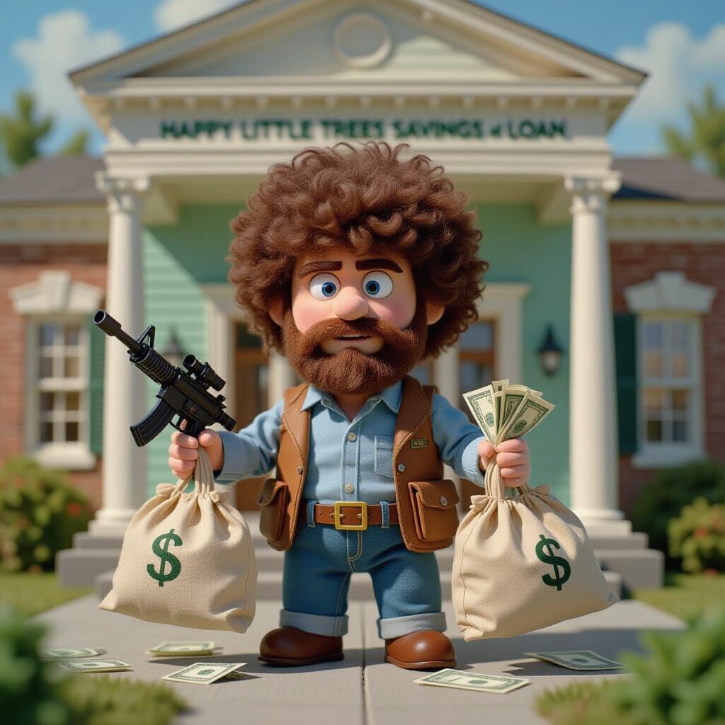 Evil Bob Ross Stuffed Animal Robs Bank