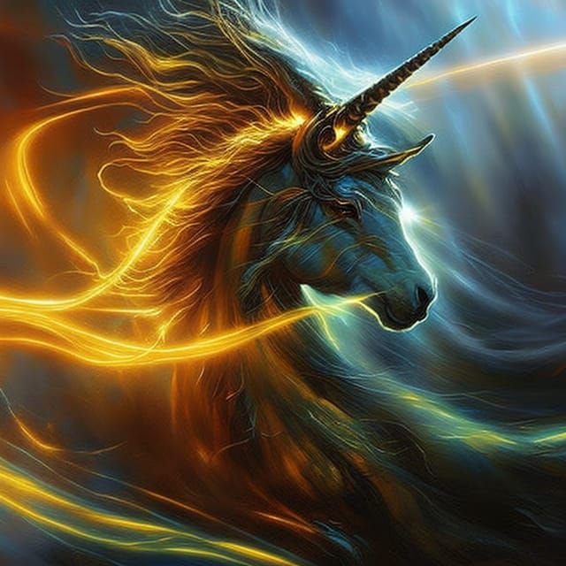 Golden Unicorn in Lightning Storm, Fantasy Art