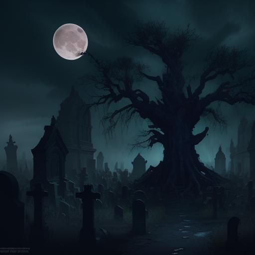 Old Graveyard at Night in Matte Painting Style