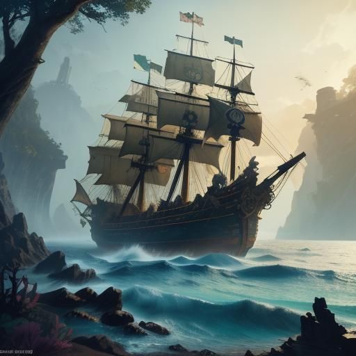 Pirate Ship and Mermaid by the Sea