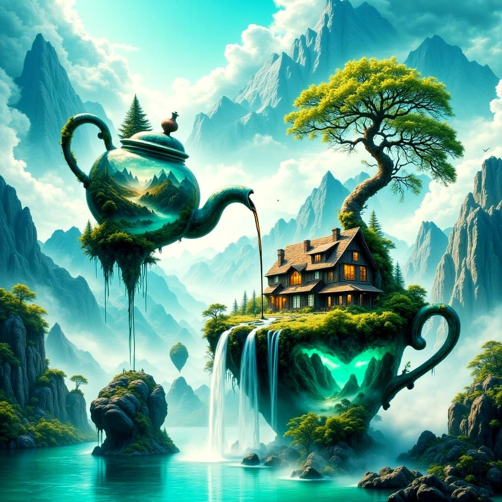 Surreal Teacup Cottage in Fantasy Landscape