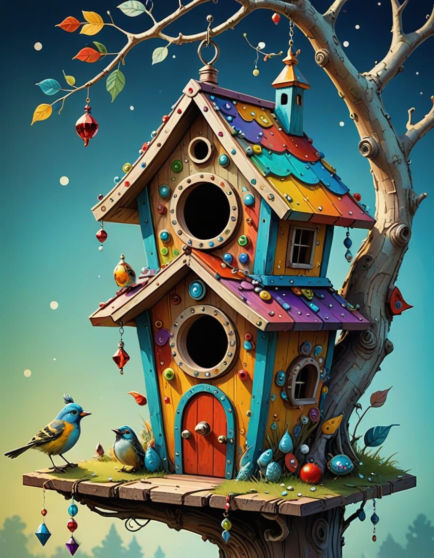 Whimsical Birdhouse Illustration in Dr. Seuss Style