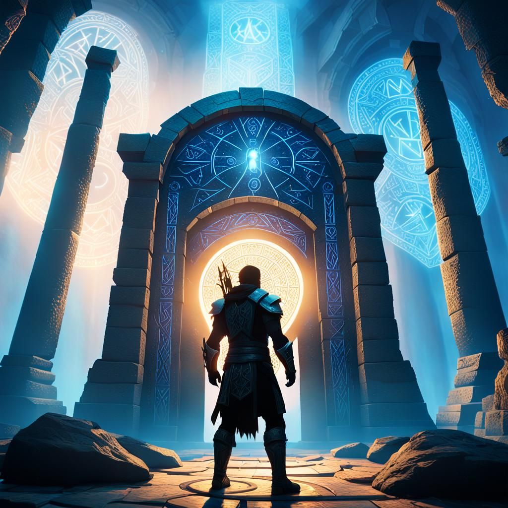 Warrior Before Glowing Spell Portal in Fantasy Landscape