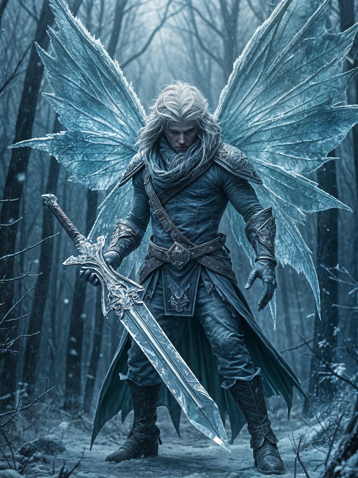 Encaustic Ice Fairy Warrior in Frozen Forest Landscape
