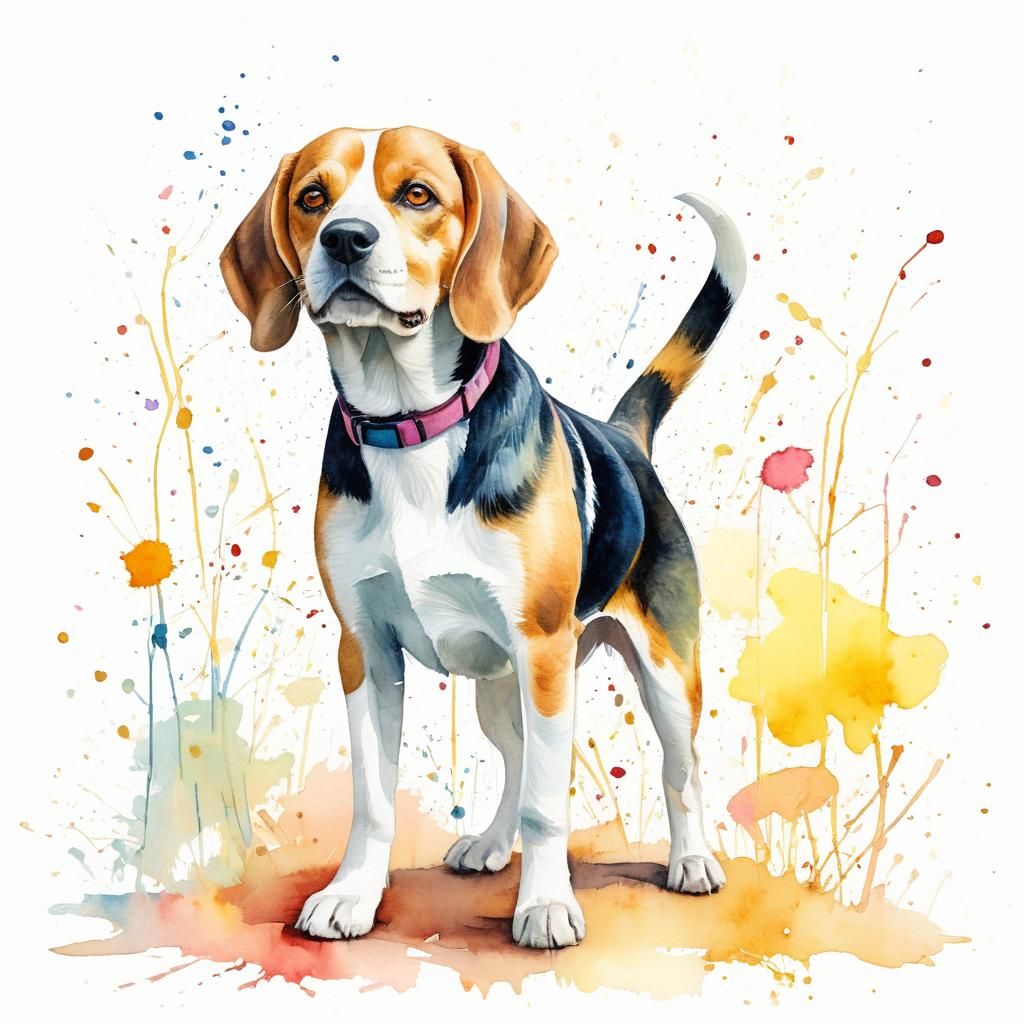 Watercolor Beagle Dog Portrait on White Background