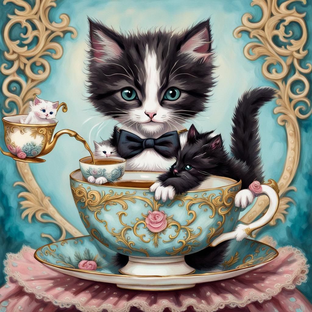 Kitten Tea Party in a Teacup Carriage