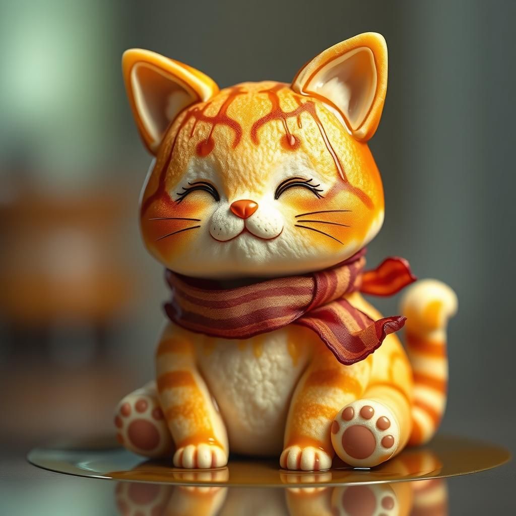 Pancake Cat with Bacon Scarf in Digital Art Style