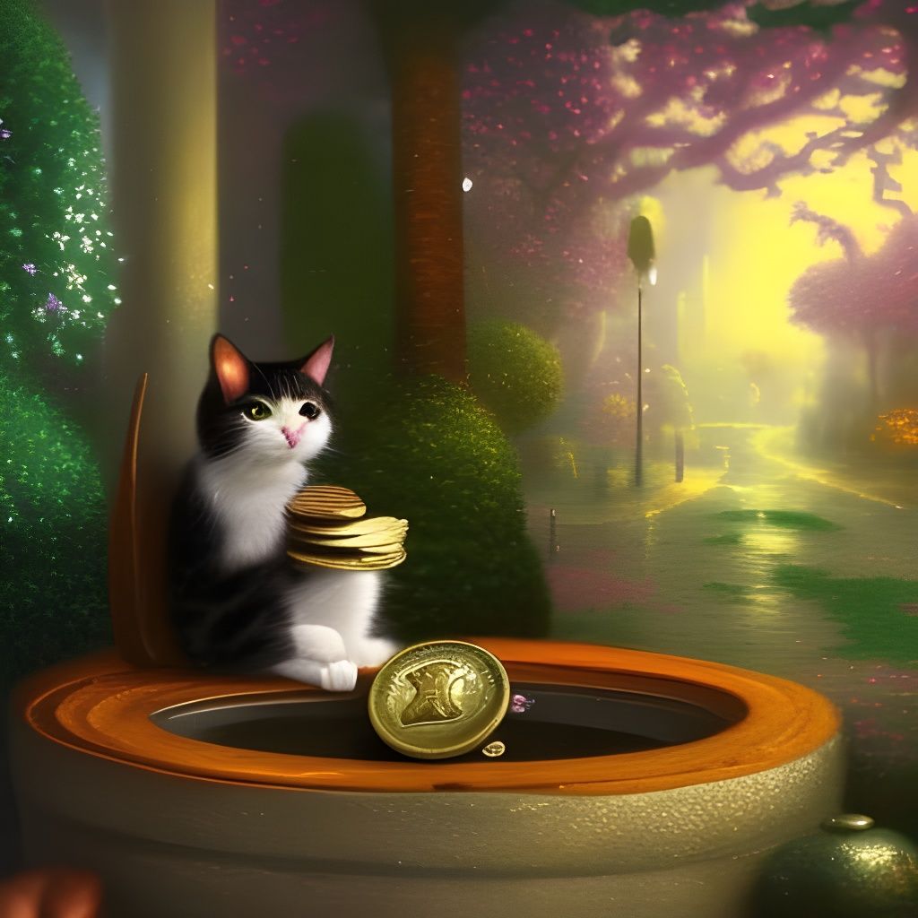 Crying Cat with Coins in Ethereal Fantasy Style