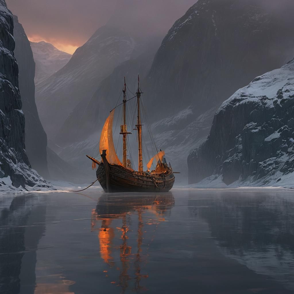 Viking Ship Sailing Through Misty Fjords