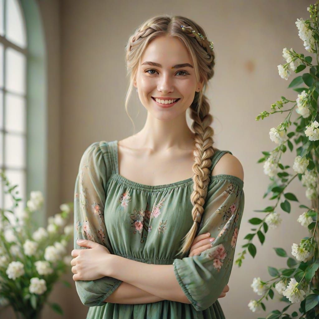 A Young Girl Smiles in a Delicate Springtime Scene