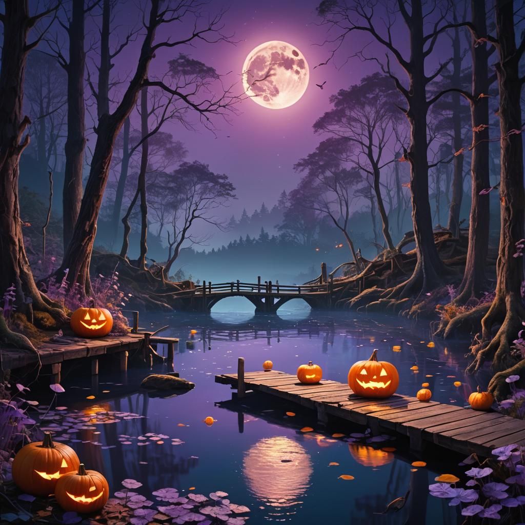 Moonlit Fisherman with Pumpkin Head in Magical Forest