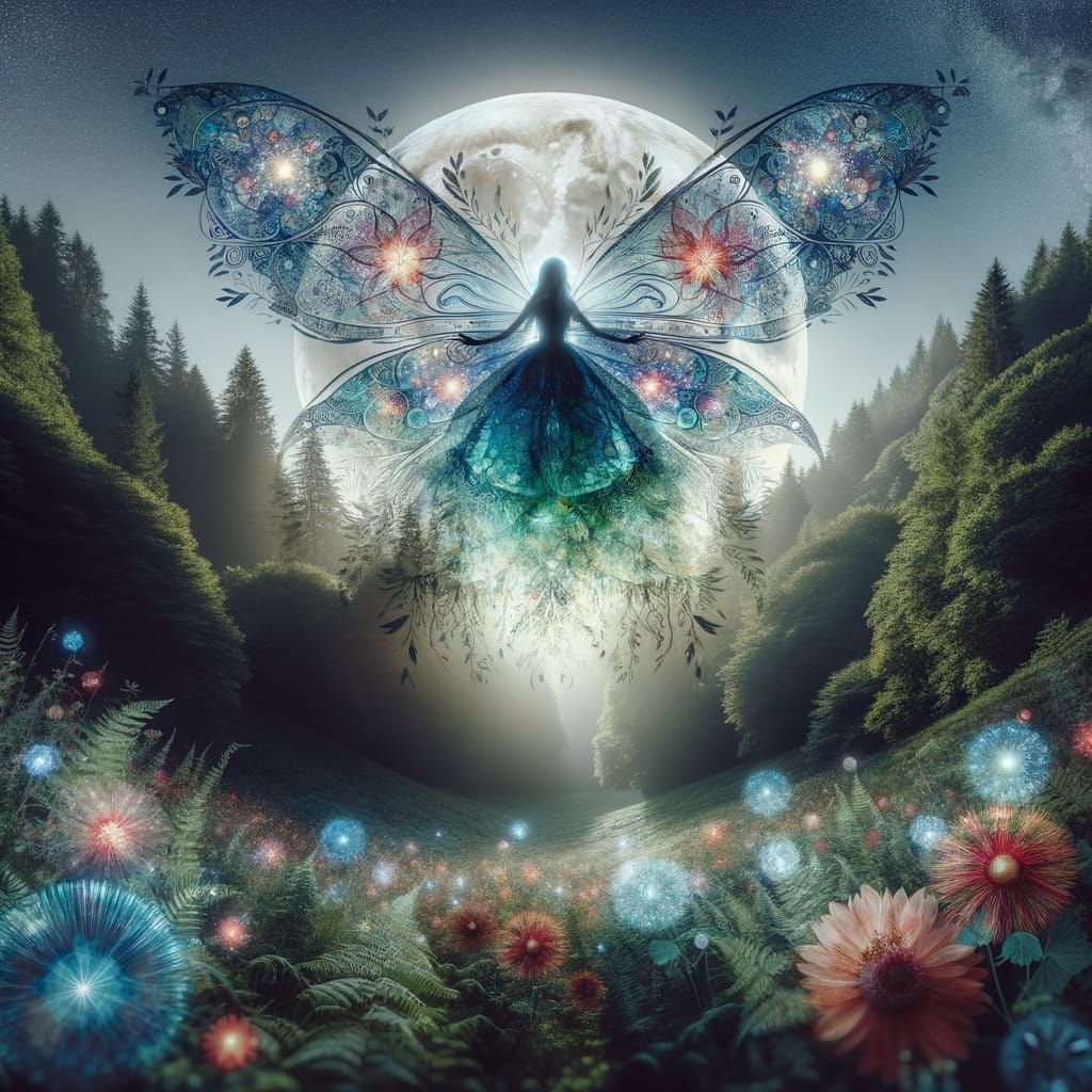Ethereal Fairy Under Moonlit Forest in Double Exposure