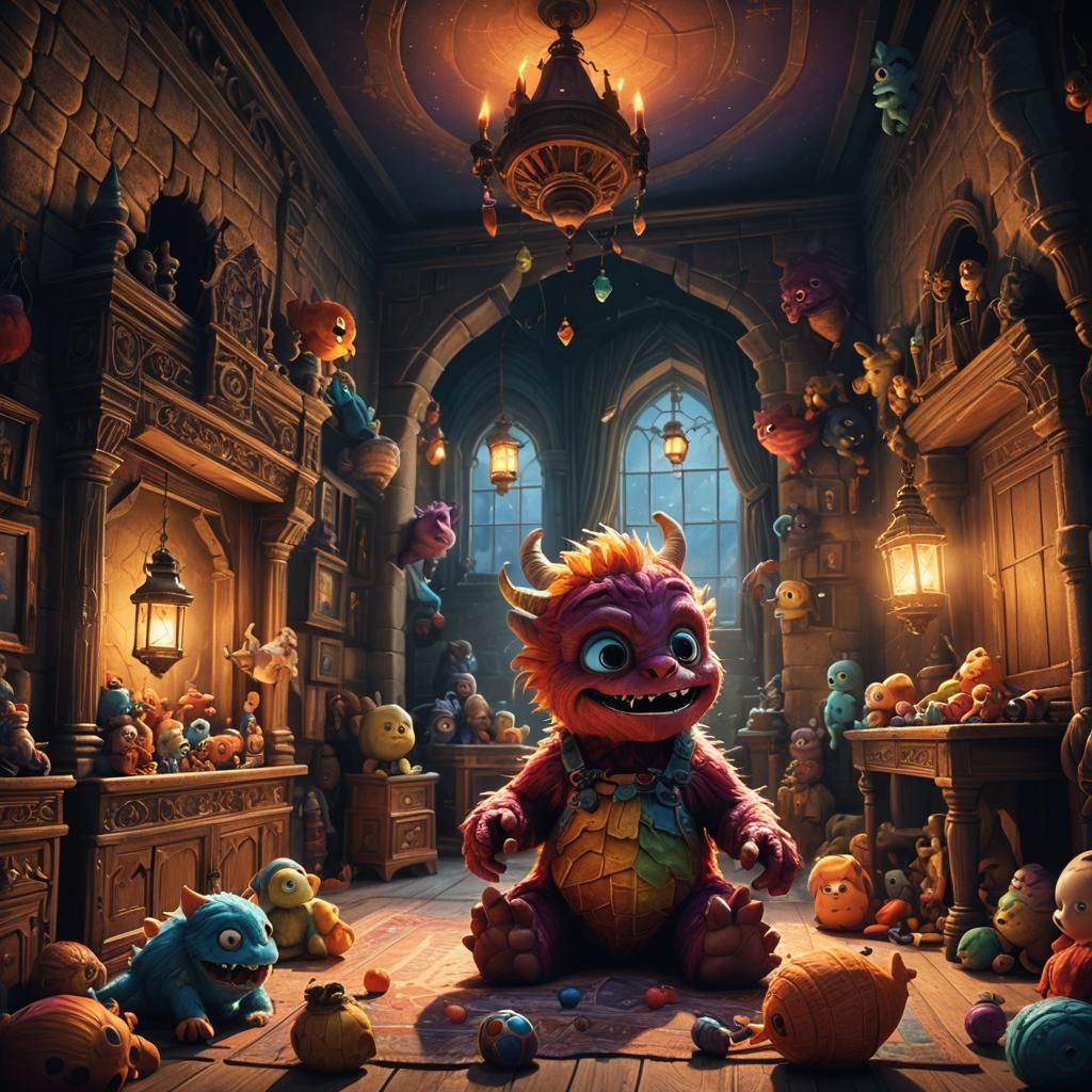 Baby Monster Plays with Toys in Castle Bedroom