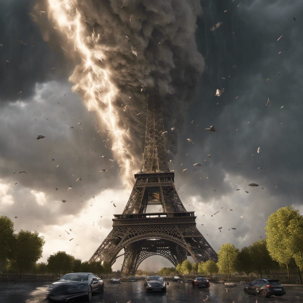 Tornado Destroys Eiffel Tower in Dark Fantasy Art