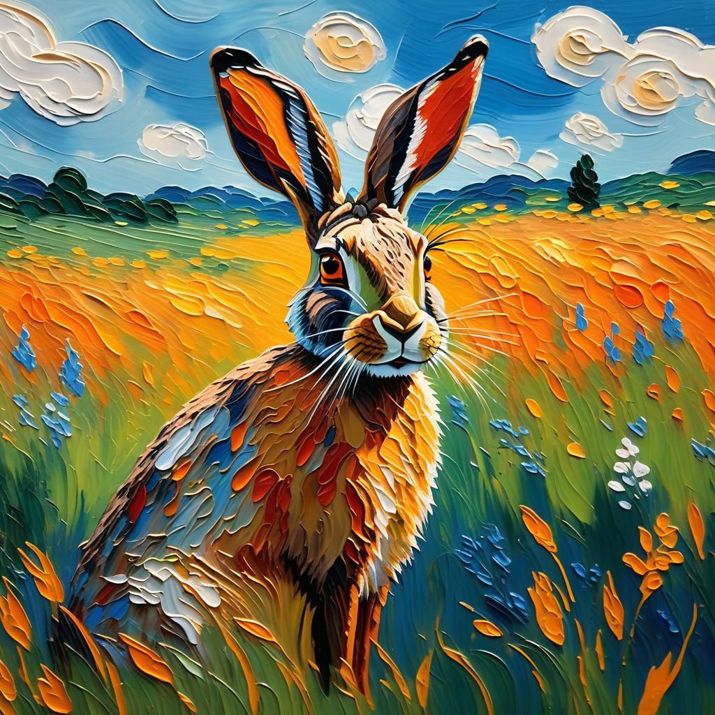 Hare in Meadow: Impressionist Impasto Painting